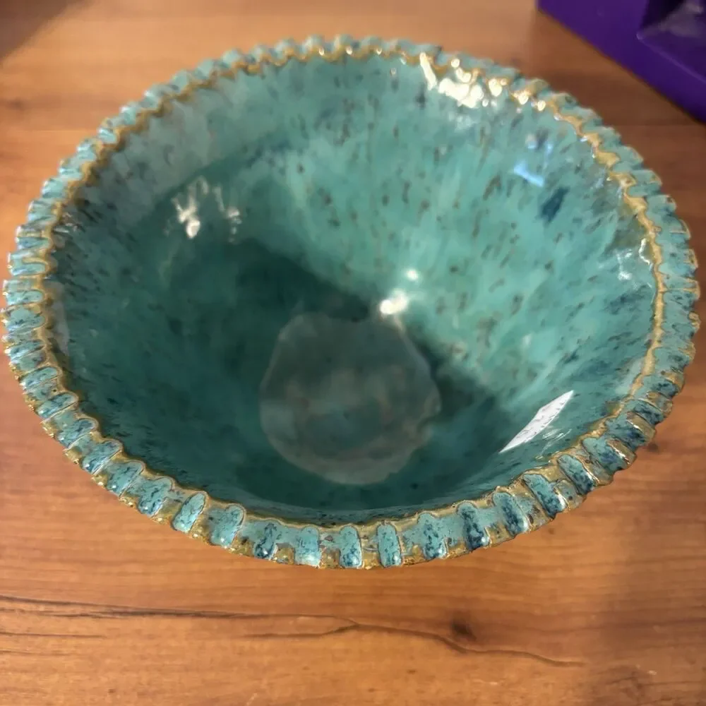 Handmade Artisan Hand Stamped Pottery Nautical Coastal Sea Creature Bowl Teal